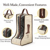 A beige waterproof boot storage bag with a handle, showing features like a durable zipper and reinforced base.