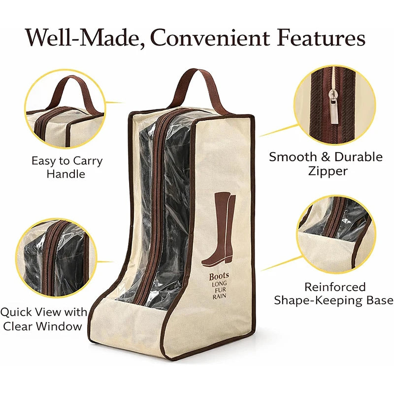 A beige waterproof boot storage bag with a handle, showing features like a durable zipper and reinforced base.