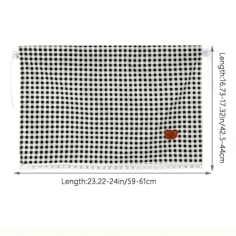 Black and white checkered sun shade curtains featuring a cartoon bear design for UV blocking.