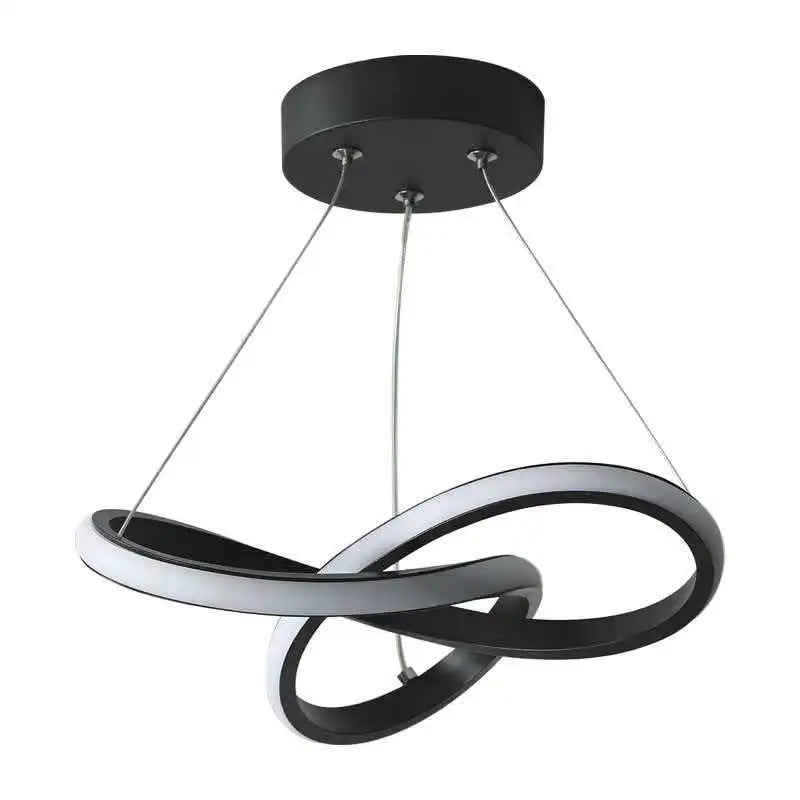 Modern black LED pendant light with a curved, wavy shade suspended from a ceiling.