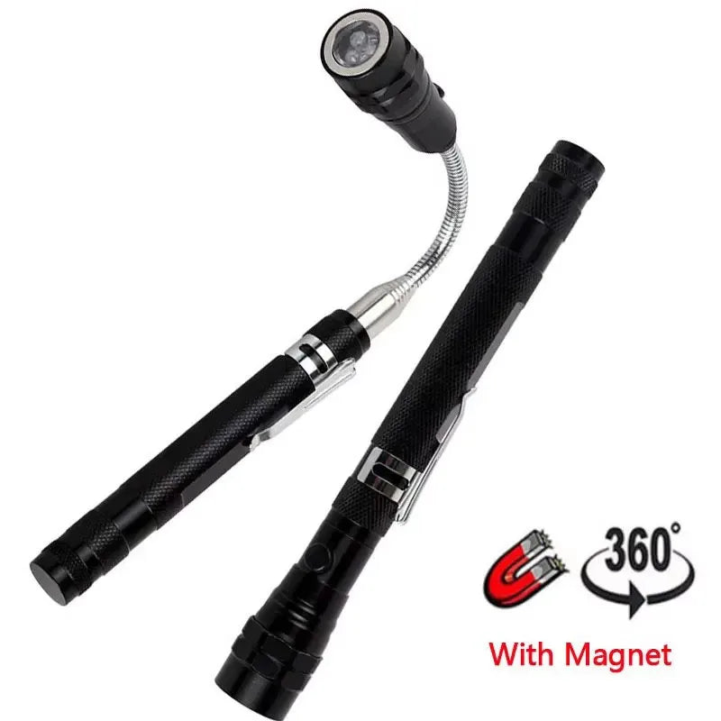 Magnetic LED pick-up flashlight with a flexible head and magnetic attachment.