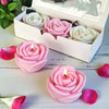 Pink rose flower silicone molds for candles, soap, and resin crafts displayed in an open box.