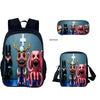 A blue backpack featuring various animal characters including a black cat, a pink octopus, and a golden deer head.