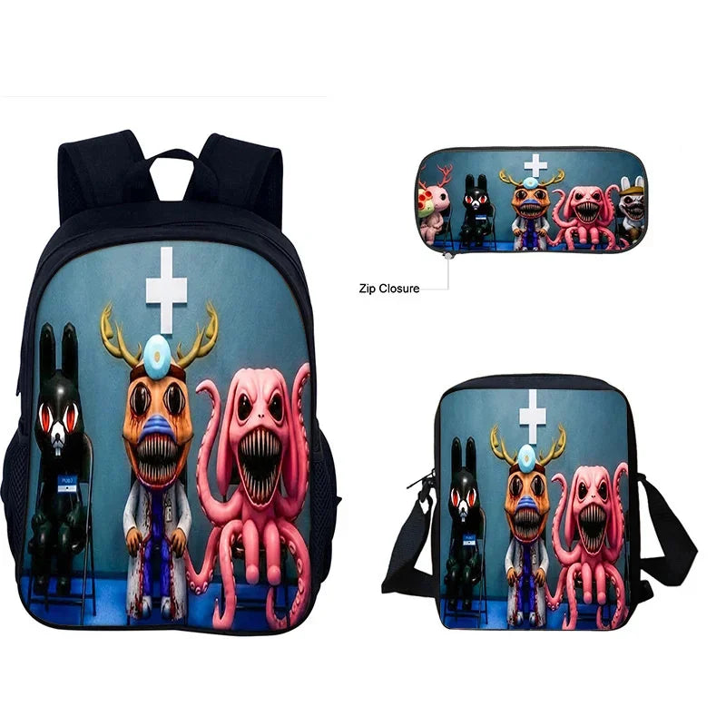 A blue backpack featuring various animal characters including a black cat, a pink octopus, and a golden deer head.