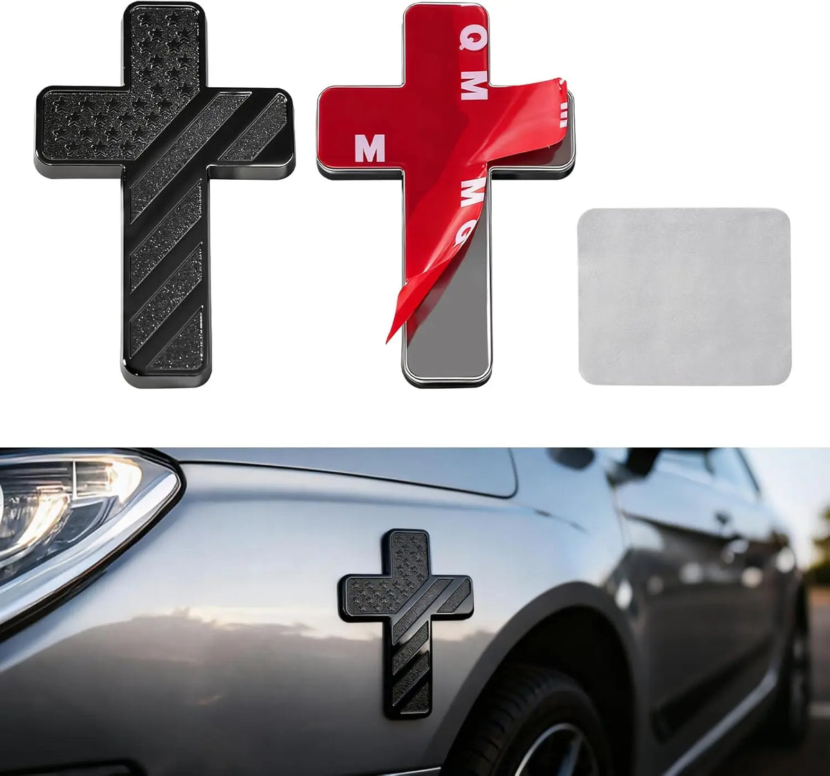Three flag cross emblems in black, red, and silver metal for car decals