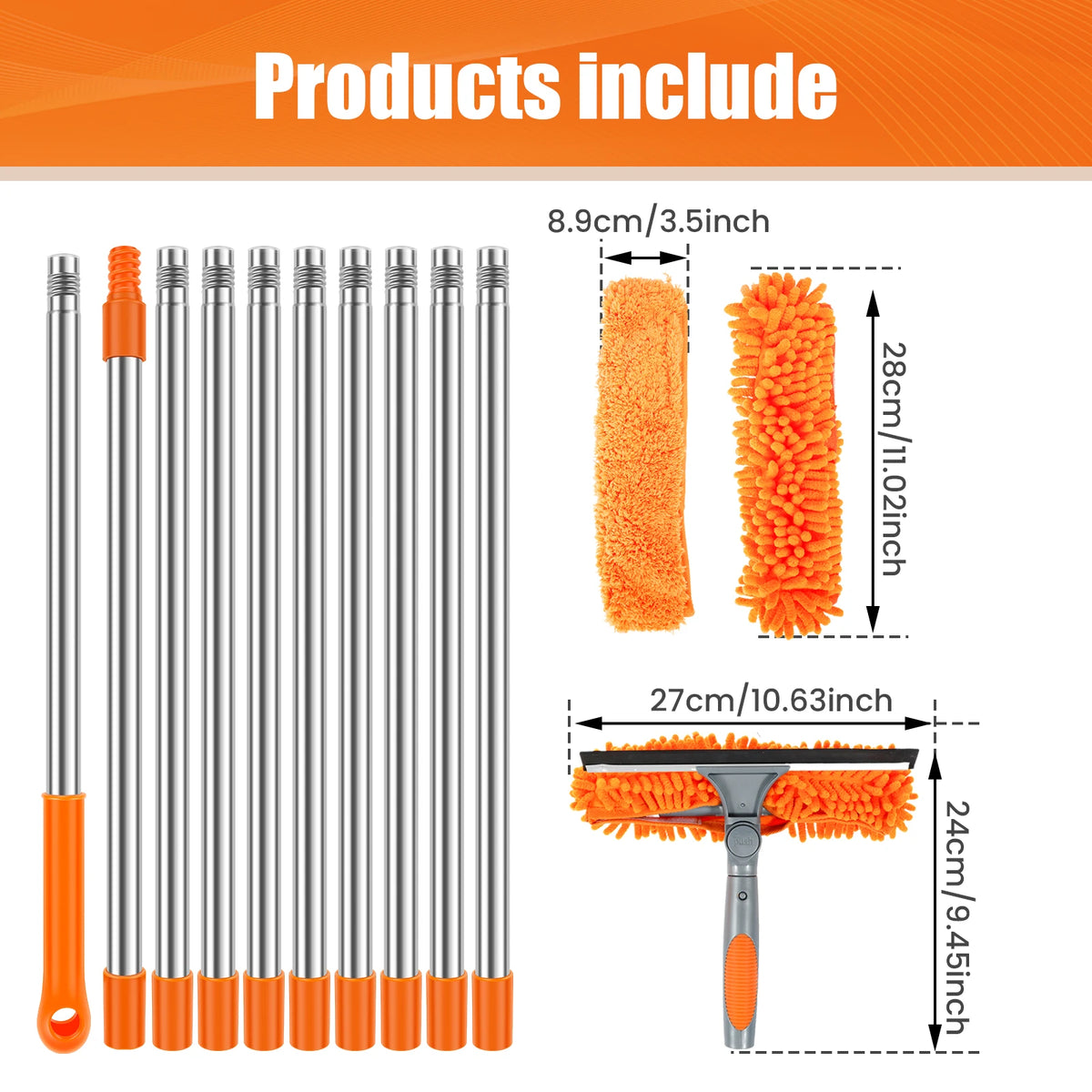 Kit de nettoyage de fenêtre double face extensible avec tiges métalliques et outils à poils oranges