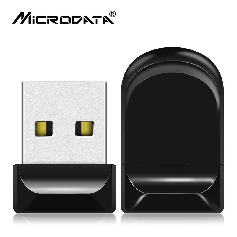 A black compact USB flash drive with a silver connector is shown next to its packaging.