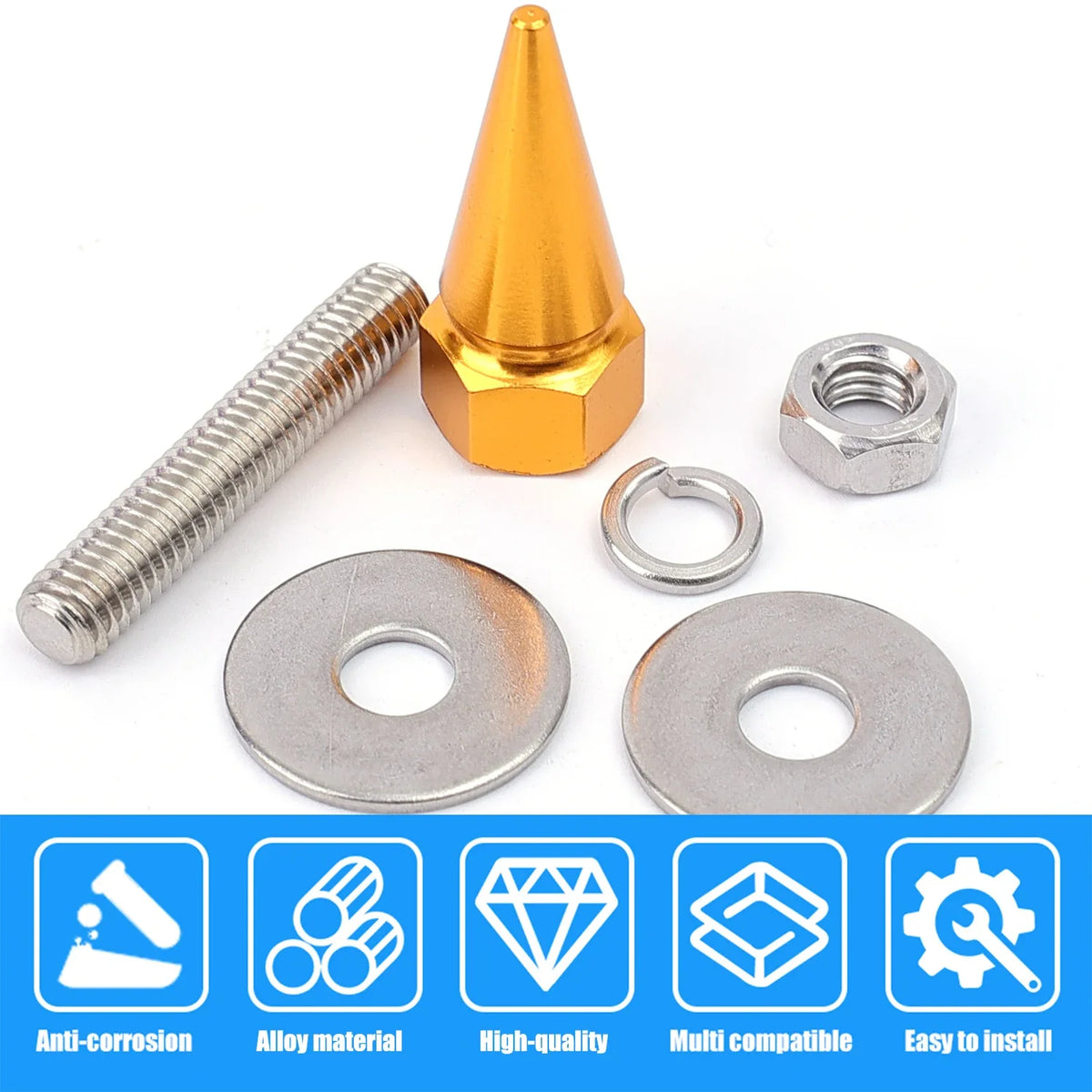 A set of brass and silver license plate screws, including a conical pin and various plate mounting hardware.