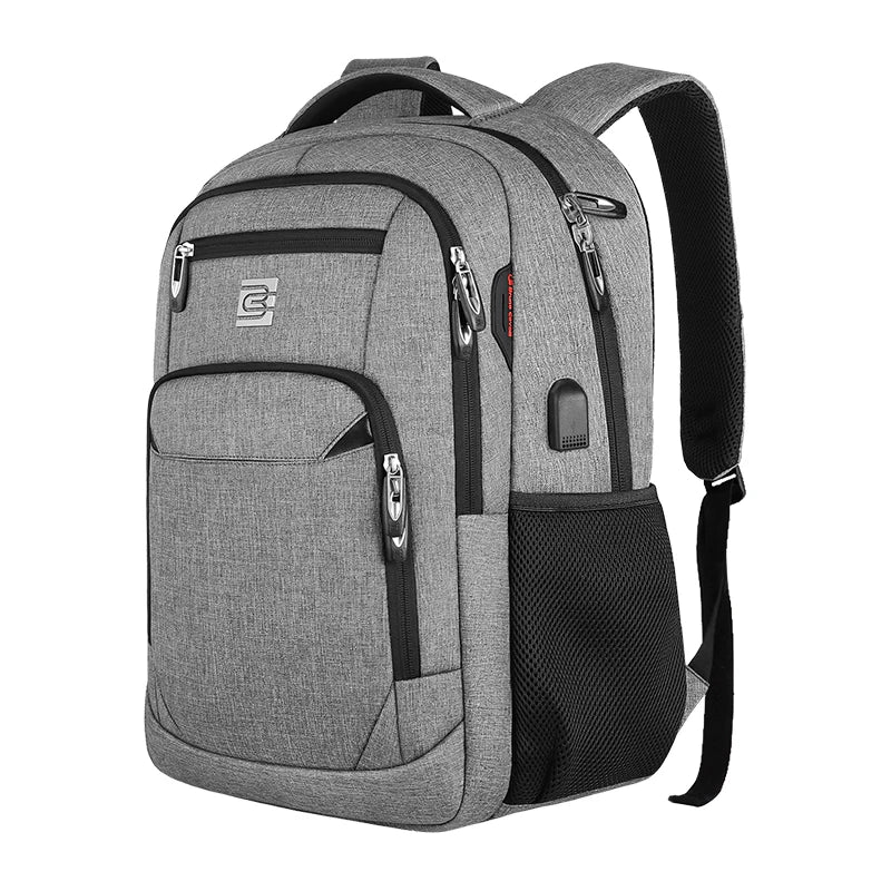 Sac à dos d'ordinateur portable pour le voyage d'affaires gris avec accents et sangles noires.