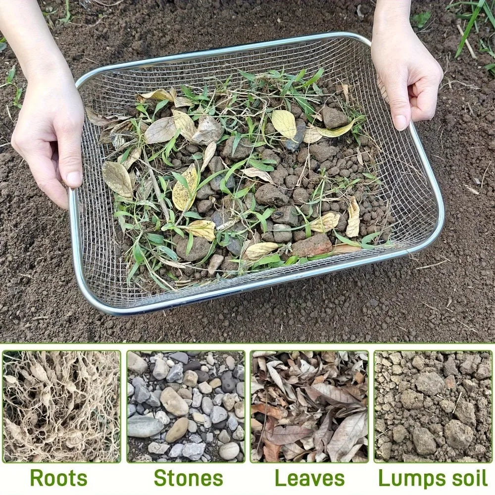 Stainless steel garden soil sieve showing roots, stones, leaves, and lumps of soil.