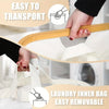 A hand is shown carrying a wooden handle of an extra large foldable laundry hamper with a lid and removable bags.