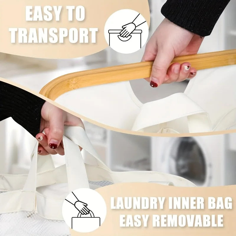 A hand is shown carrying a wooden handle of an extra large foldable laundry hamper with a lid and removable bags.