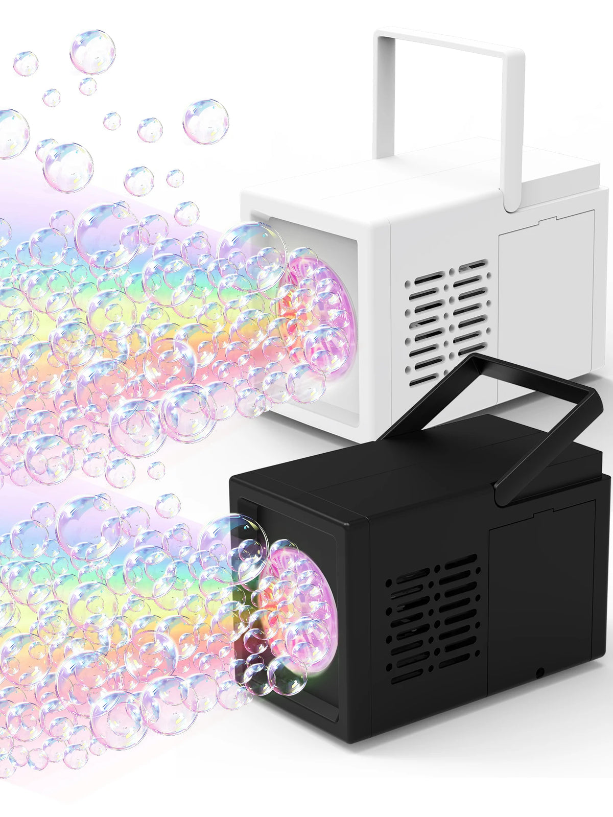A black handheld bubble machine is shown blowing a large stream of iridescent, colorful bubbles toward a white box.
