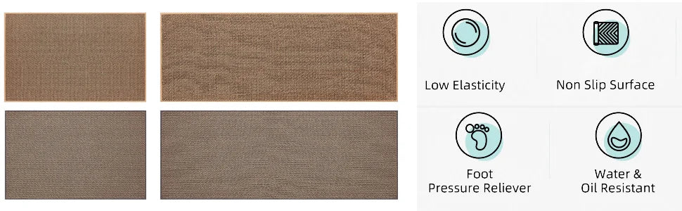 A set of natural rubber kitchen runner rugs in various shades of brown, highlighting low elasticity, non-slip surface, foot r