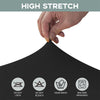Hand stretching a black stretchable spandex tablecloth for rectangular tables, showing care instructions.