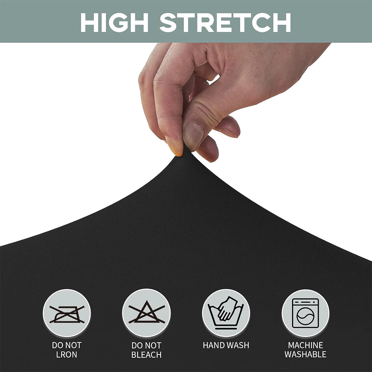 Hand stretching a black stretchable spandex tablecloth for rectangular tables, showing care instructions.