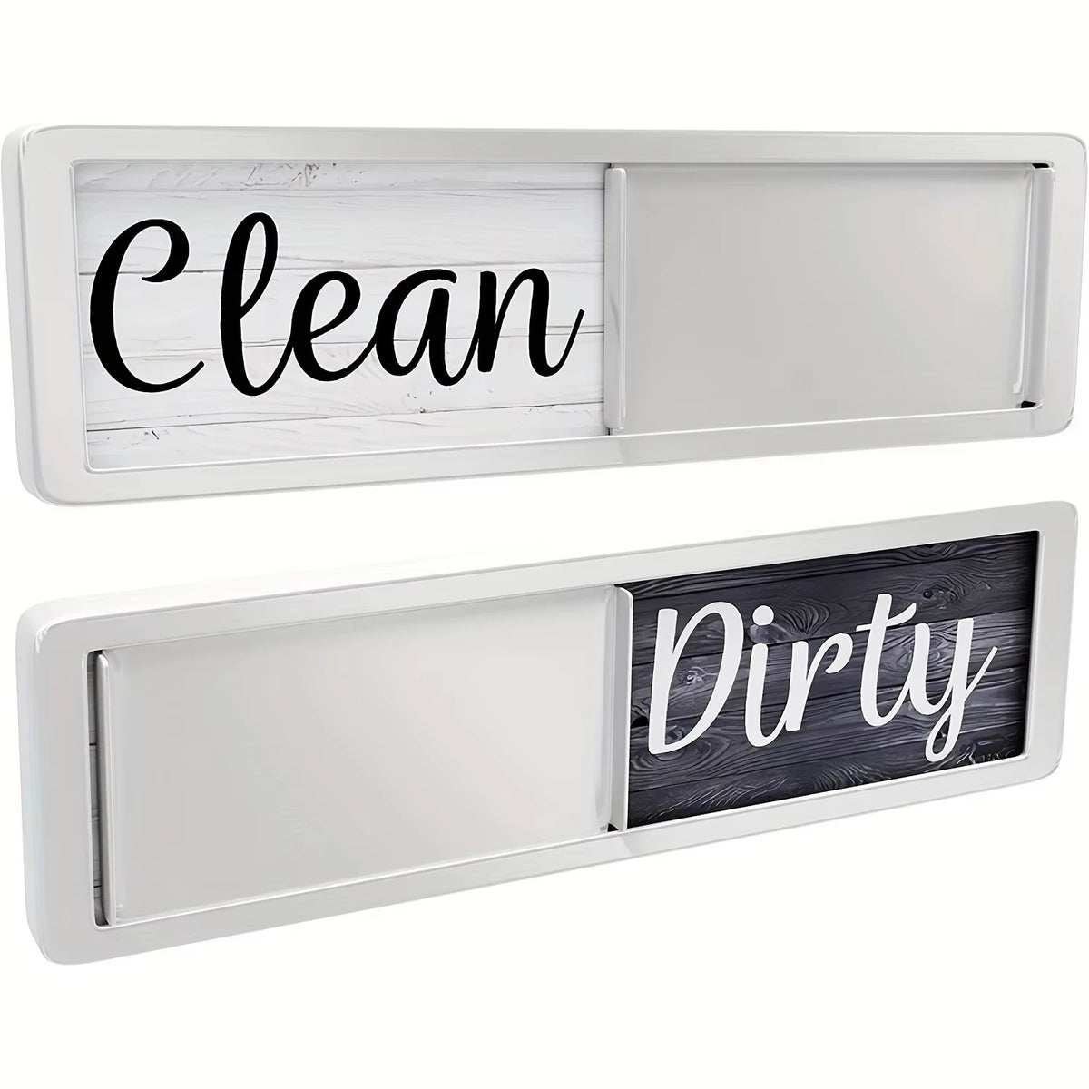 A set of two magnetic signs labeled Clean and Dirty for use on dishwashers and refrigerators.