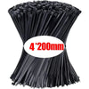 A bundle of black nylon self-locking cable ties with a 4x200mm size marked on the packaging.