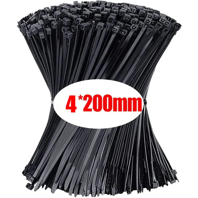 A bundle of black nylon self-locking cable ties with a 4x200mm size marked on the packaging.