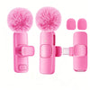 Pink USB-C wireless lavalier microphone with fuzzy pink foam wind protection and multiple attachments