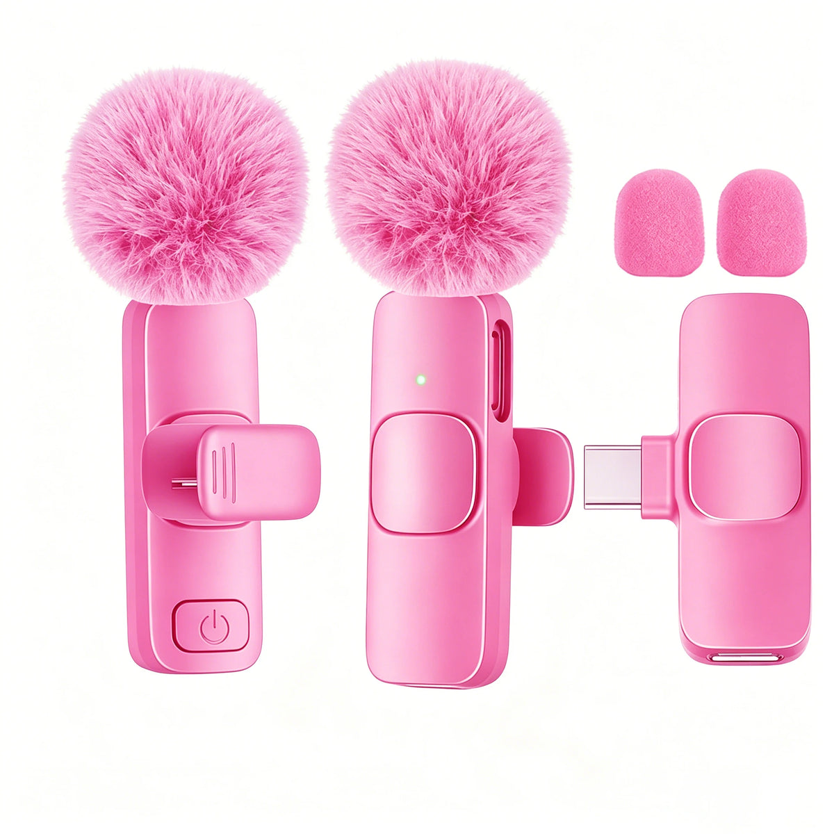 Pink USB-C wireless lavalier microphone with fuzzy pink foam wind protection and multiple attachments