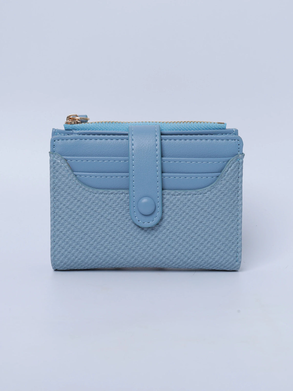 A light blue bi-fold wallet made of textured PU leather with a silver zipper and a flap closure.