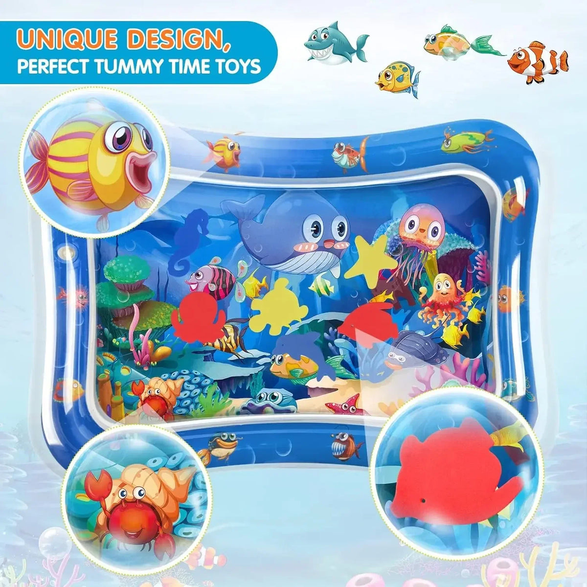 A colorful inflatable baby water play mat featuring various sea creatures for sensory development.