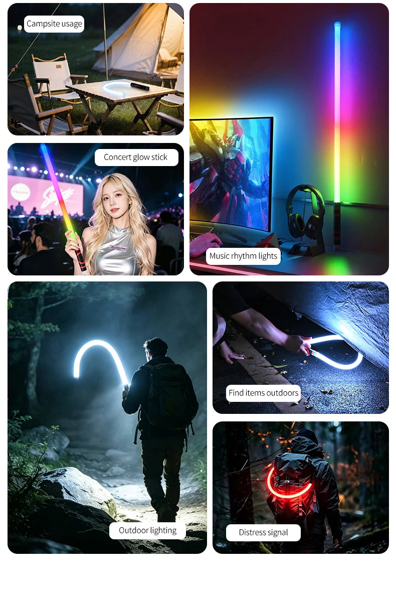 Various uses of a rechargeable LED camping lantern including campsite lighting, concert glow stick, music rhythm lights, outd