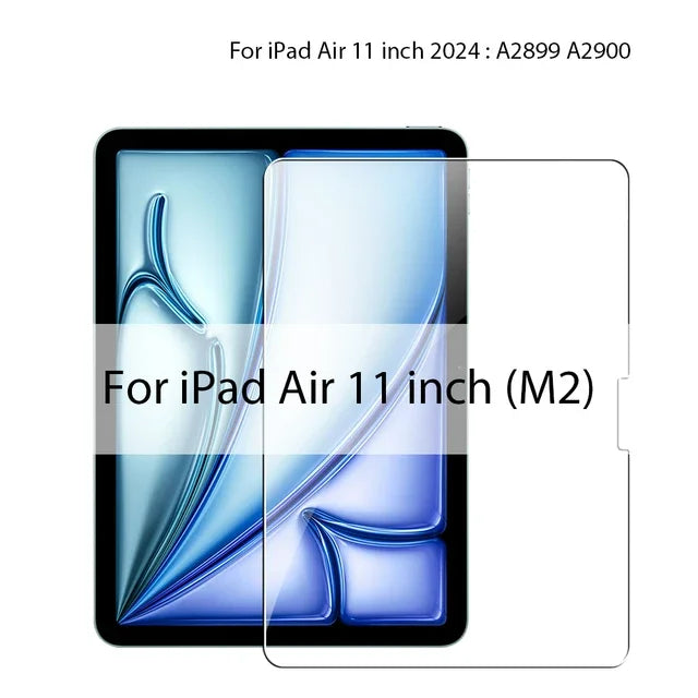 Tempered glass screen protector for iPad Air 11 inch (M2) showing a clear blue screen view.