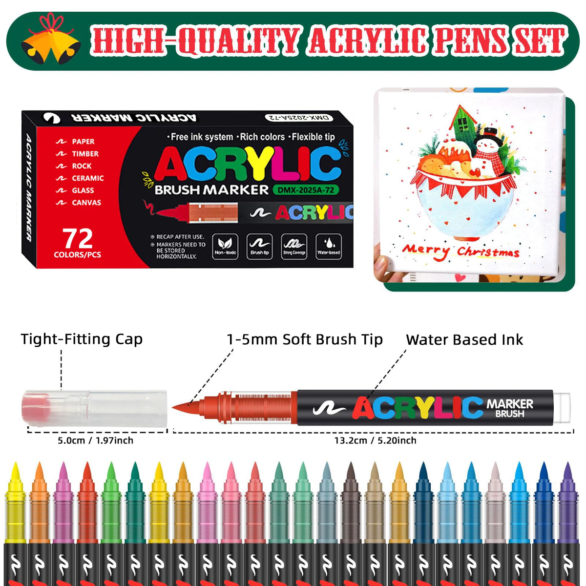 A collection of professional acrylic brush markers in various colors and tips, including a set of 72 colors.