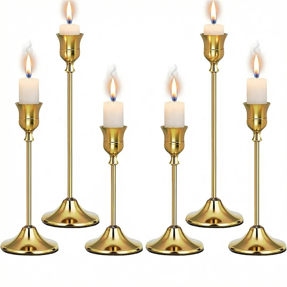 Set of 6 Gold Brass Taper Candle Holders with Weighted Base