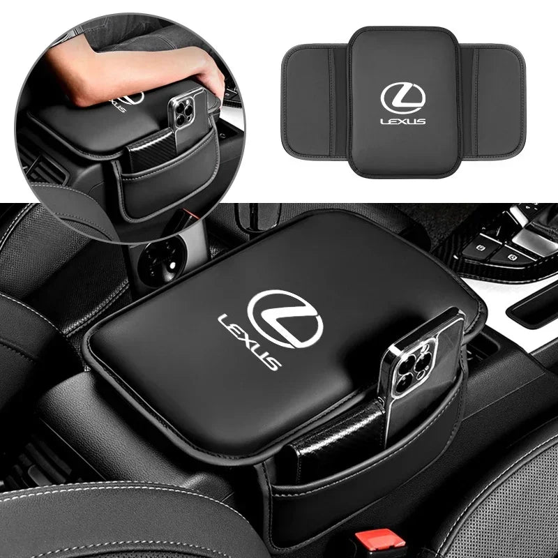 Black PU leather car armrest cover with storage bag for Lexus models shown in detail and installed in a vehicle interior.