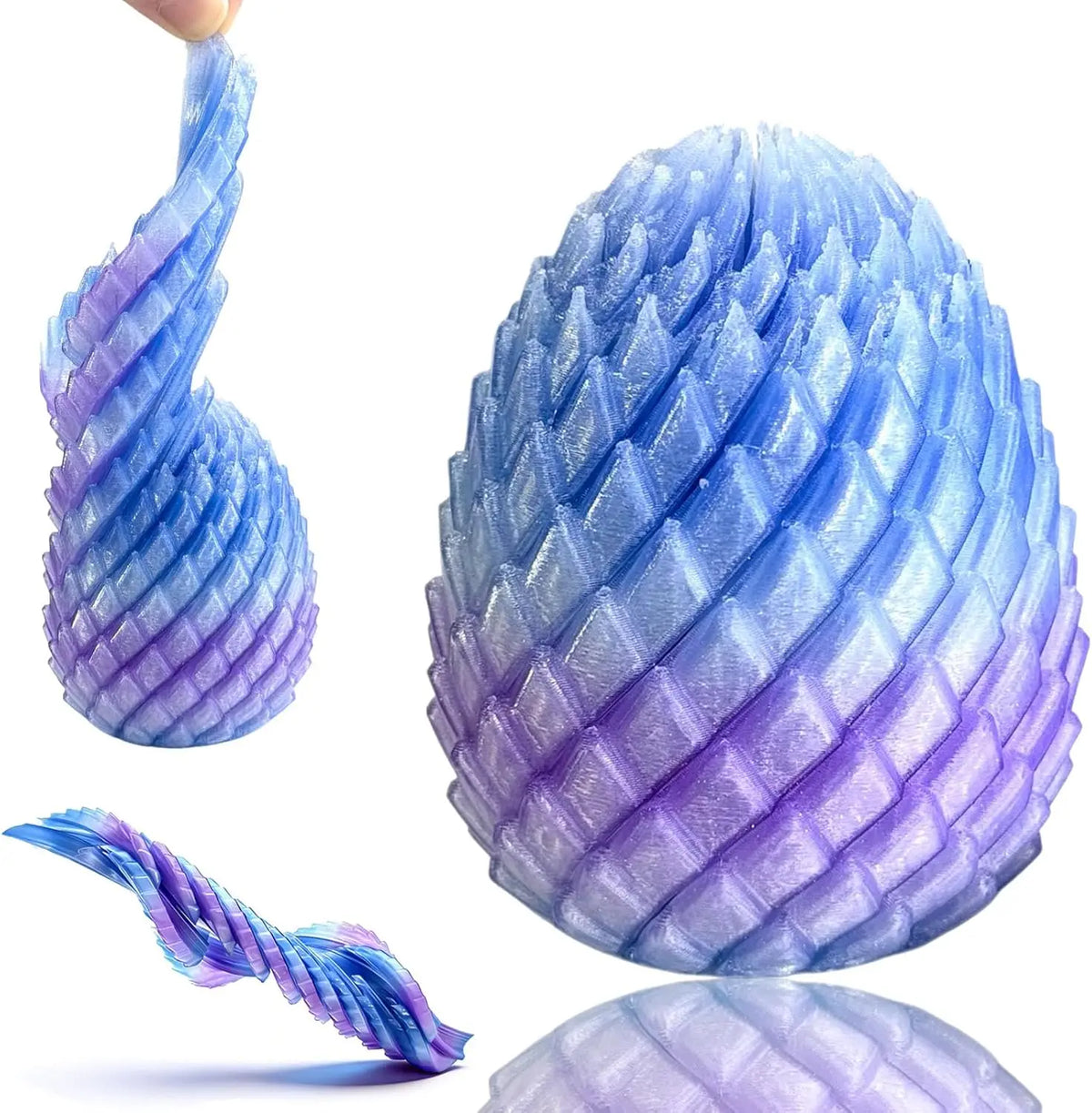 A close-up of a blue and purple twisty fidget egg stress relief toy with a textured surface.
