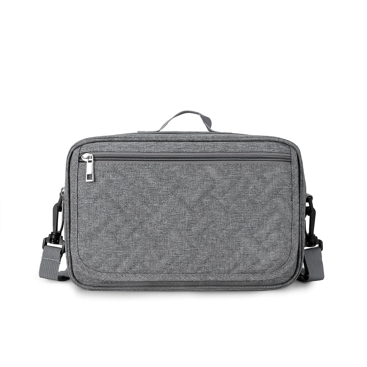 A gray compact stroller diaper bag organizer with a zippered compartment and shoulder straps.