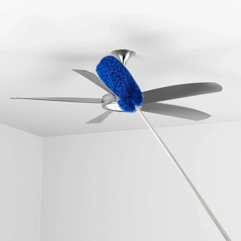 A silver extendable ceiling fan duster with a blue fuzzy cleaning attachment.