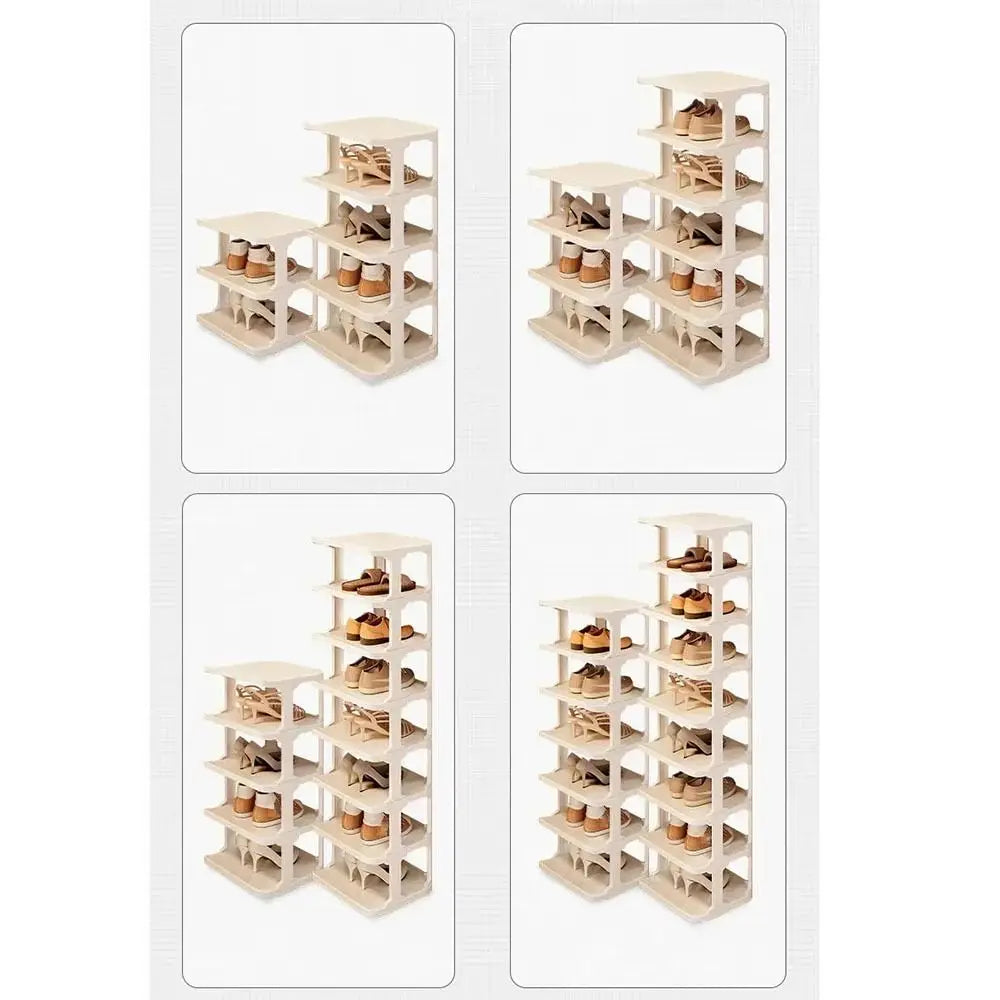 A set of stackable vertical shoe racks showing various pairs of shoes stored in individual compartments.