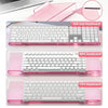 Pink acrylic ergonomic keyboard riser showing full size, 80%, and 75% keyboard configurations.
