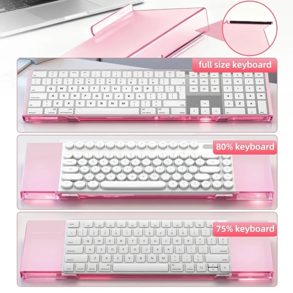 Pink acrylic ergonomic keyboard riser showing full size, 80%, and 75% keyboard configurations.