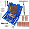 A portable tire repair kit containing various tools like levers, wrenches, and specialized instruments for automotive repairs