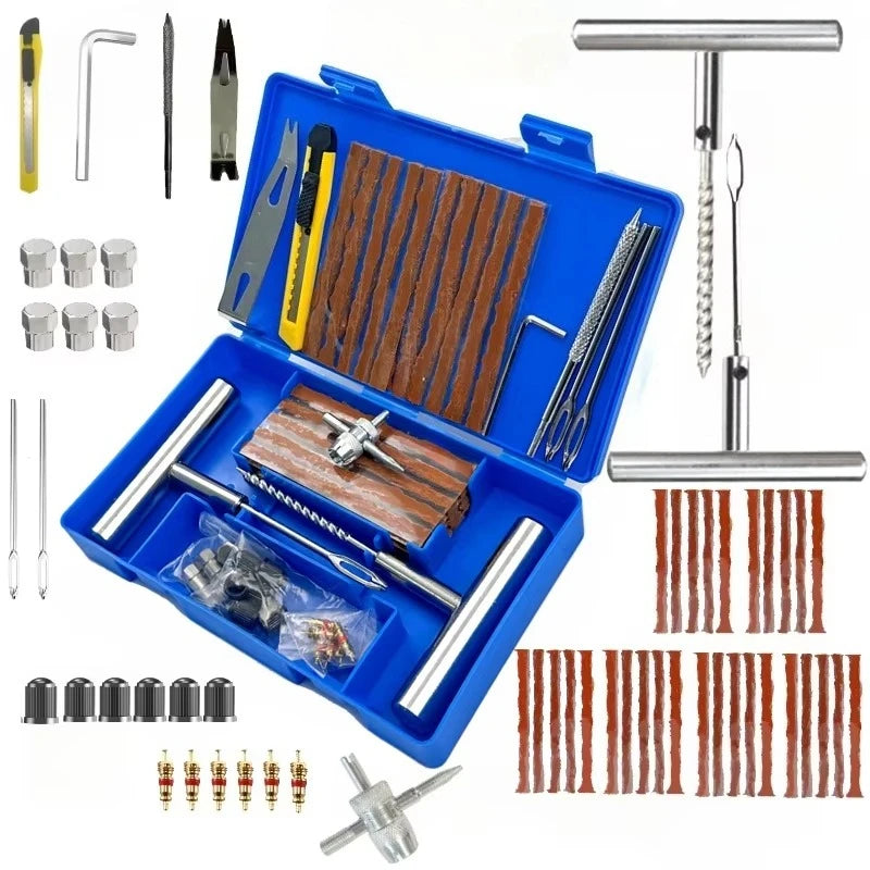 A portable tire repair kit containing various tools like levers, wrenches, and specialized instruments for automotive repairs