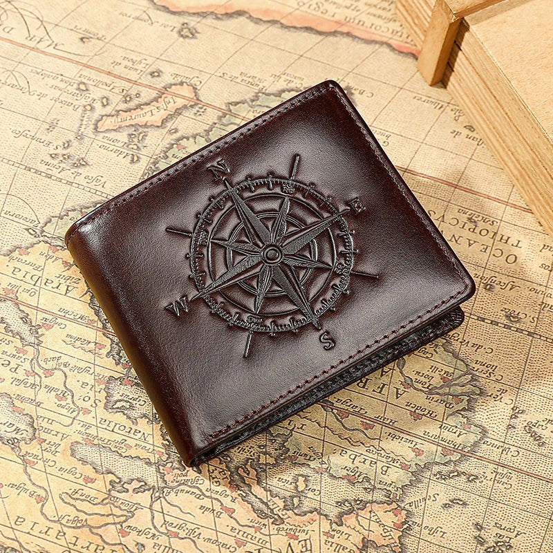 Men's Leather Wallet with Compass Pattern and RFID Protection