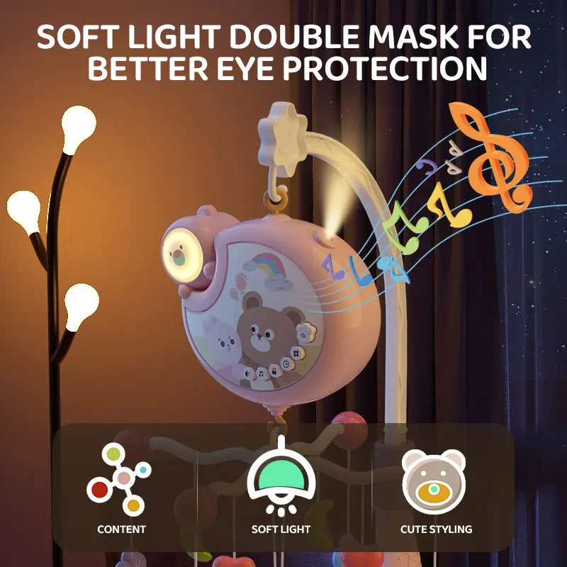 A pink musical baby crib mobile with a light projector and cute styling elements.