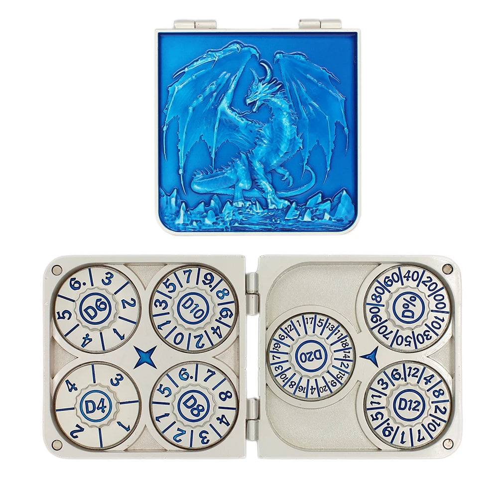 A set of seven metal dice with a gyro finish and various numbers and symbols for tabletop role-playing games
