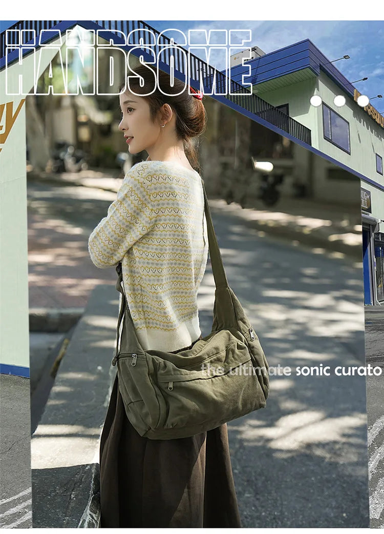 Cotton Canvas Crossbody Bag with Large Capacity