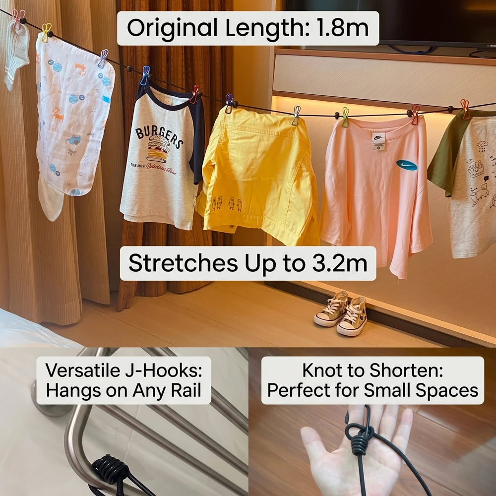 A retractable travel clothesline is shown with various colored shirts hanging on a rail, demonstrating its stretch and versat