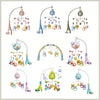 A collection of musical baby crib mobiles featuring various animals and colorful elements.
