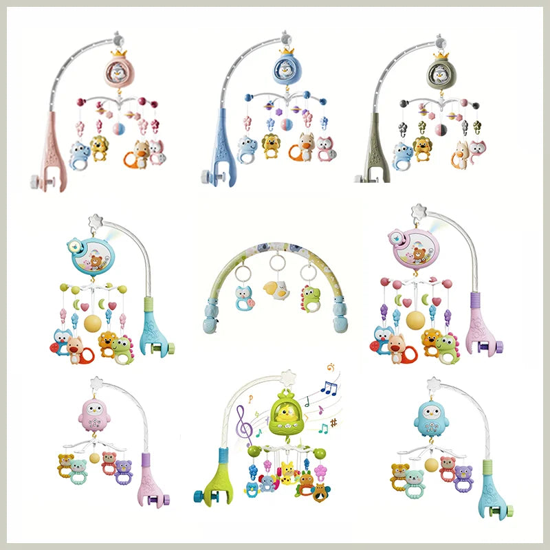 A collection of musical baby crib mobiles featuring various animals and colorful elements.