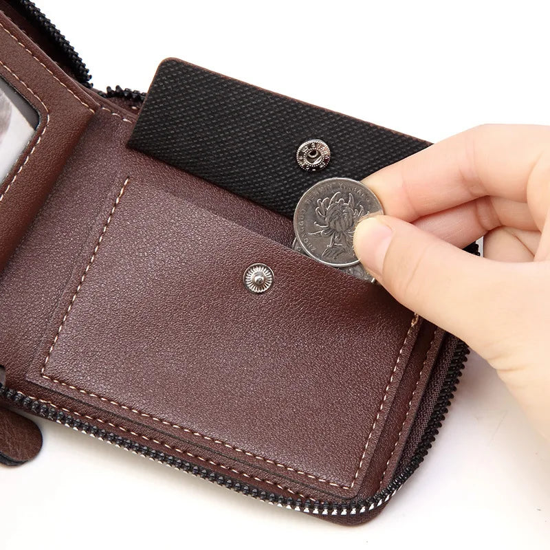 Men's Waxed Leather Bifold Wallet with All-Around Zipper
