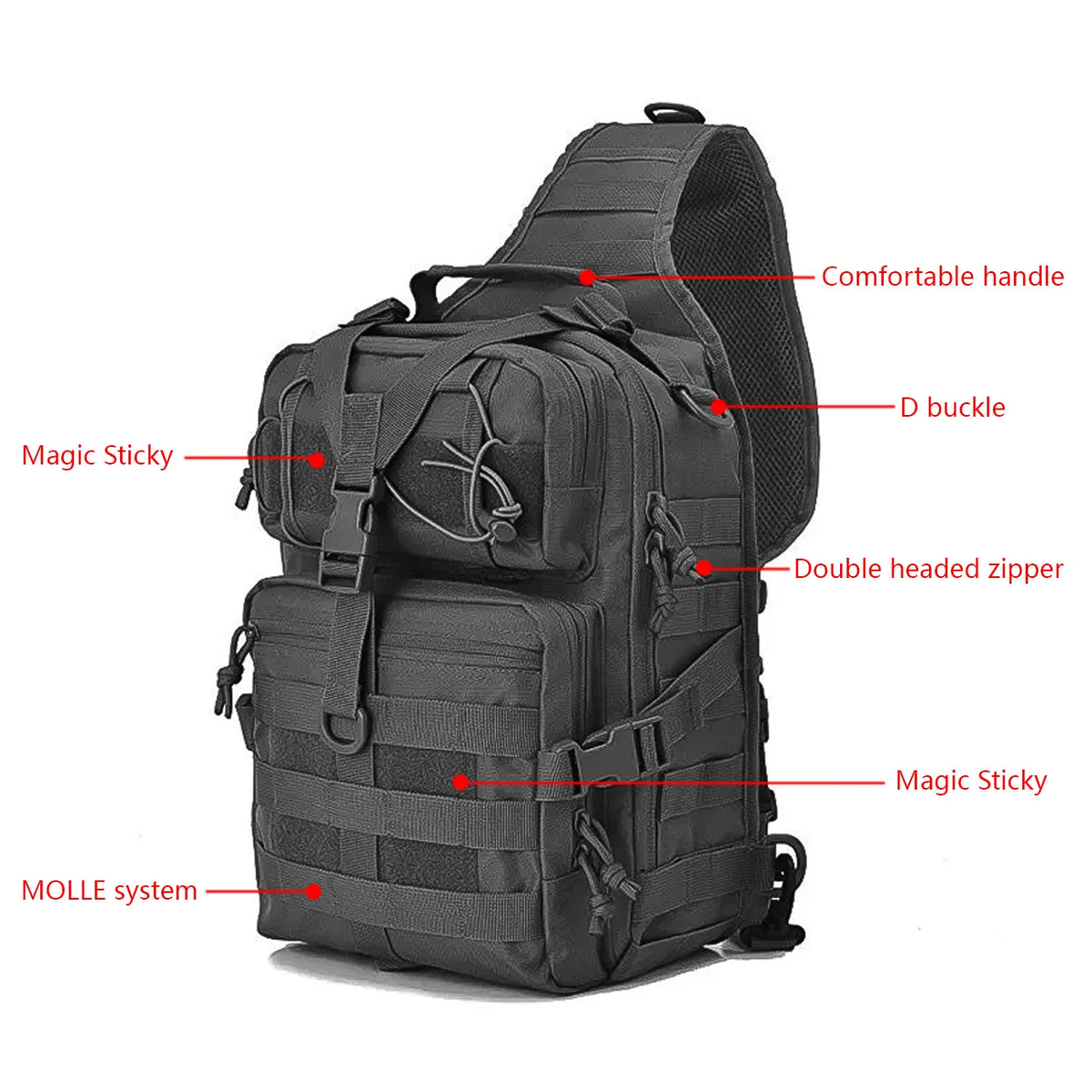 Black Crossbody Chest Bag featuring a comfortable handle, D buckle, double headed zipper, and MOLLE system.