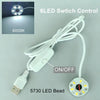 A white LED bead light with an ON/OFF switch and a USB connector is shown alongside its control wire.